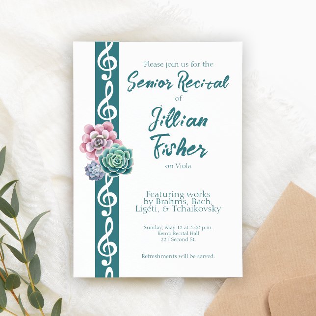 Convite Suculente Treble Theme Mais velho Música Considera (Custom senior recital invitation template.)