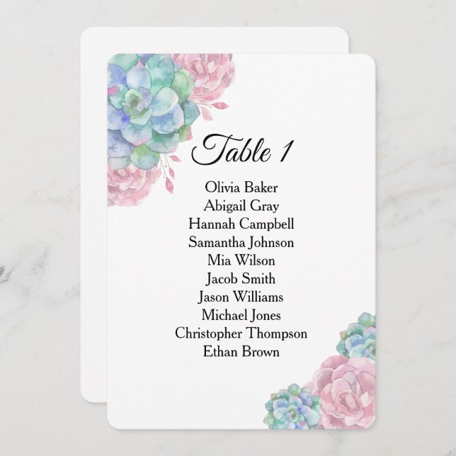 Convite Suculentes cor-de-rosa azul. Gráficos de assentos  (Frente/Verso)