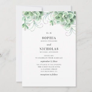 Convite Suculentes de aquarela. Casamento Greenery Cacto