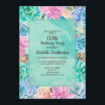 Convite Suculentes Florais Verdes Cor-de-Rosa Verdes 60º A<br><div class="desc">Suculentes florais fáceis de personalizar, cor-de-rosa, azuis e verdes / convite de aniversário 60º cacto para mulheres. Texto é um belo roteiro, que é totalmente personalizável usando as ferramentas de design do Zazzle. A parte de trás deste cartão é uma aquarela verde coordenadora. Entre em contato conosco para obter ajuda...</div>