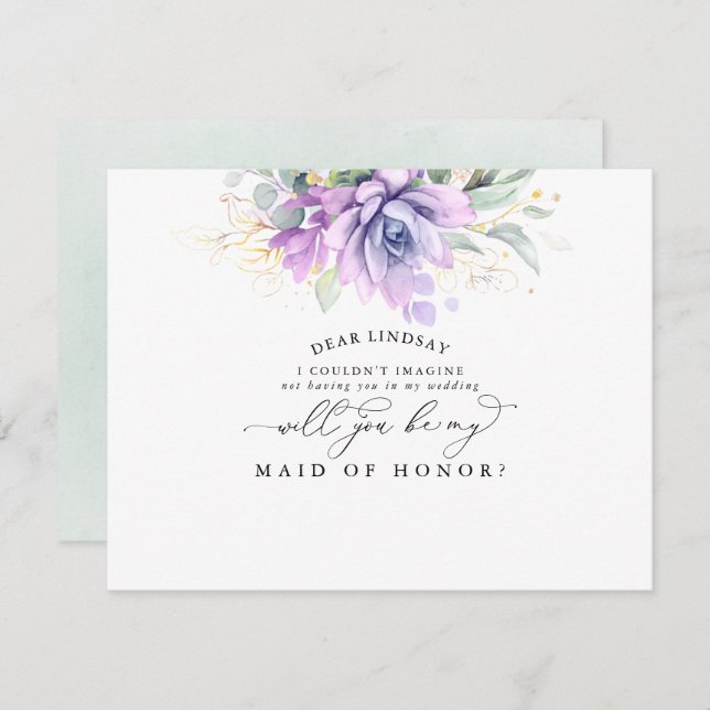 Convite Suculentes Proposta de Bridesmaid de Folha Dourada (Frente/Verso)