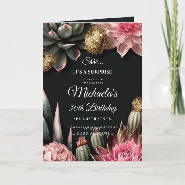 Convite Suculentos Flores Fusers Festa de surpresas de Ani (Frente)