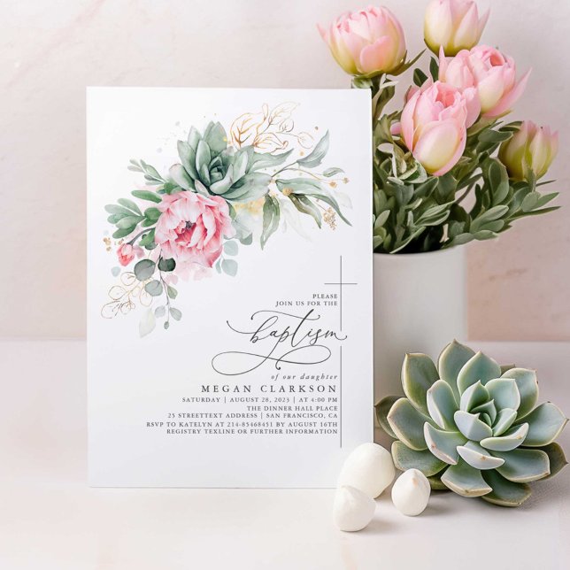 Convite Suculentos Flores Rosa Verde Dourados Batismo (Pink Floral Succulents Greenery Baptism Invitations)