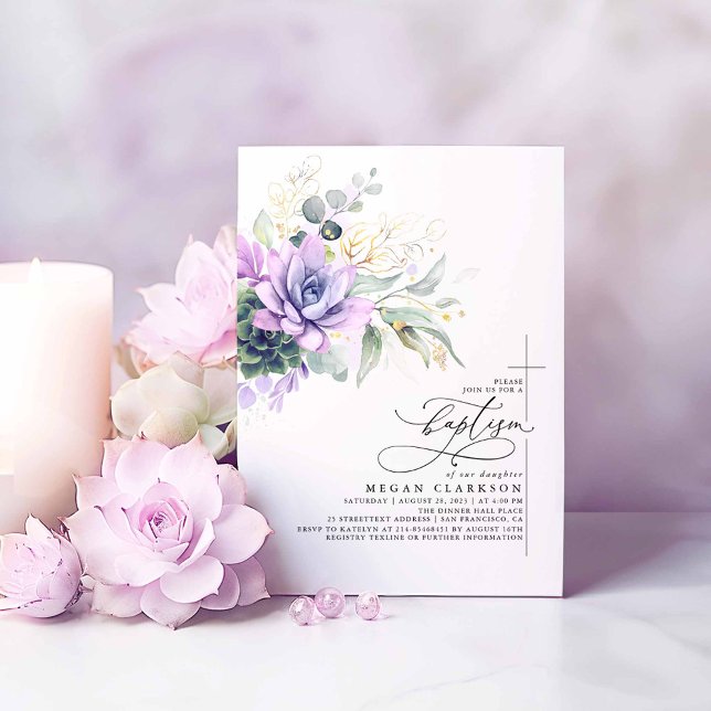 Convite Suculentos Gerem Dourado Deixa Batismo Elegante Em (Purple Succulents Greenery Baptism Invitations)