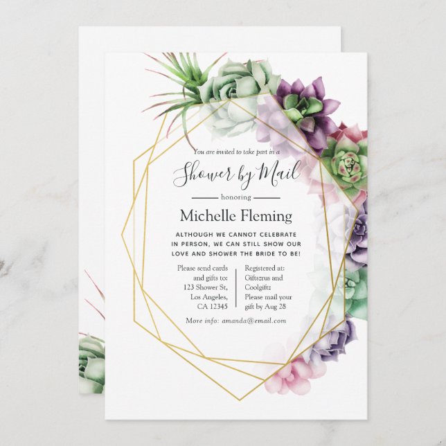 Convite Suculta Geométrico Bridal ou Chá de fraldas por Co (Frente/Verso)