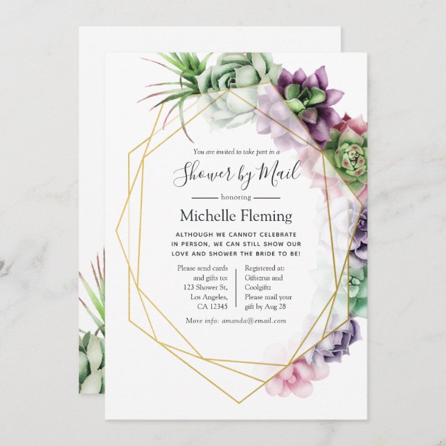 Convite Suculta Geométrico Bridal ou Chá de fraldas por Co (Frente/Verso)