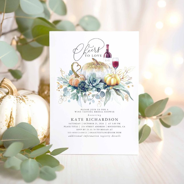 Convite Sucultivos de abóbora caem Chá de panela de Provan (Cheers to Love - Bridal Shower Invitations with Pumpkins and Succulents Greenery)