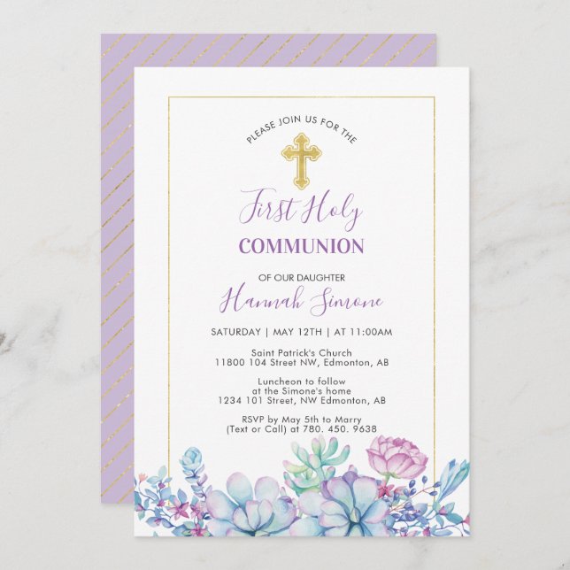 Convite Sucultos e Cruz | Menina Primeira Comunhão Sagrada (Frente/Verso)