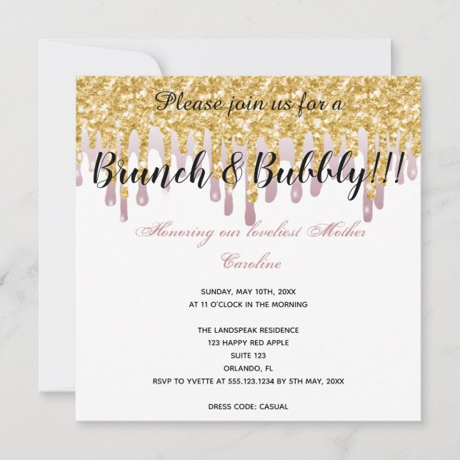 Convite Sugestões de Rosa de chic Douradas para o Dia das  (Frente)