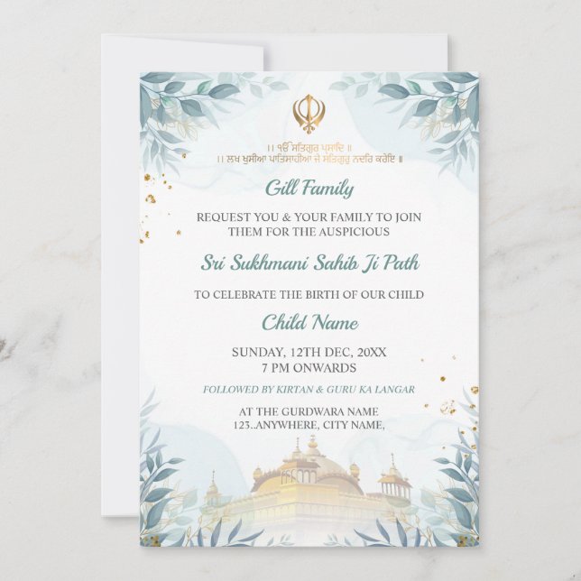 Convite Sukhmani Sahib Path Card, Baby Arrival Card (Frente)