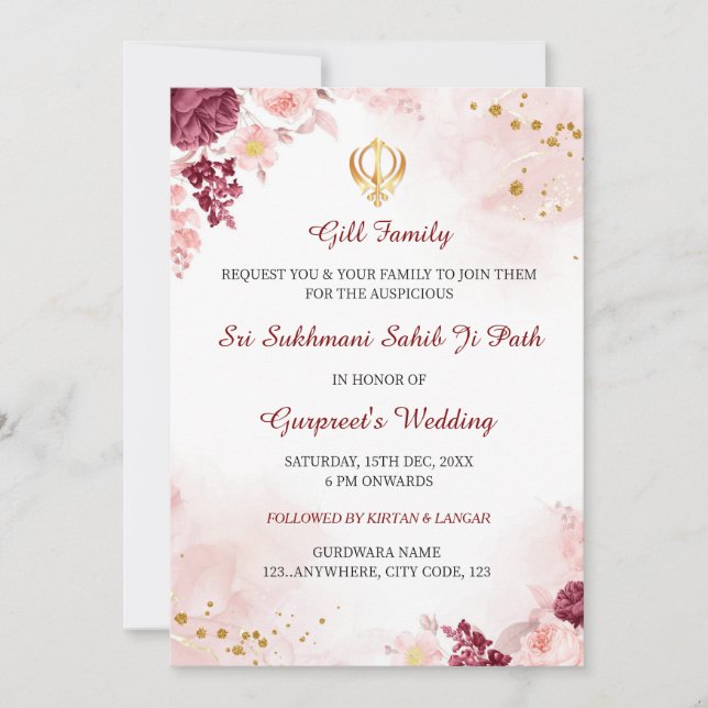 Convite Sukhmani Sahib Path Invitation, Sikh Wedcard (Frente)
