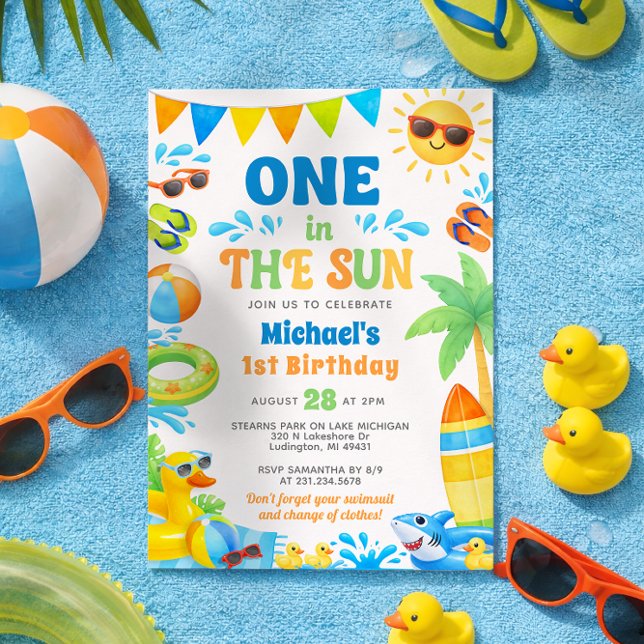 Convite Summer 1st Birthday Invitation - One in the Sun (Boy 1st Birthday Invitation - Summer First Birthday Invite - One in the Sun - Editable Template)