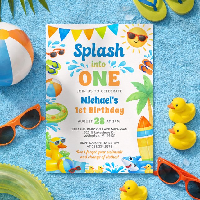 Convite Summer 1st Birthday Invitation - Splash into One (Summer Beach Pool Party 1st Birthday Invitation)