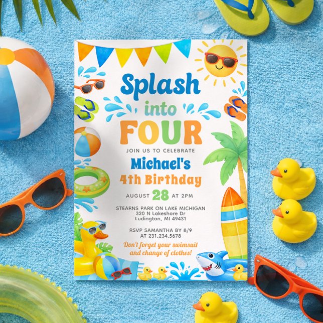 Convite Summer 4th Birthday Invitation - Splash into Four (Boy 4th Birthday Invitation - Summer Beach Pool Party - Splash into Four)