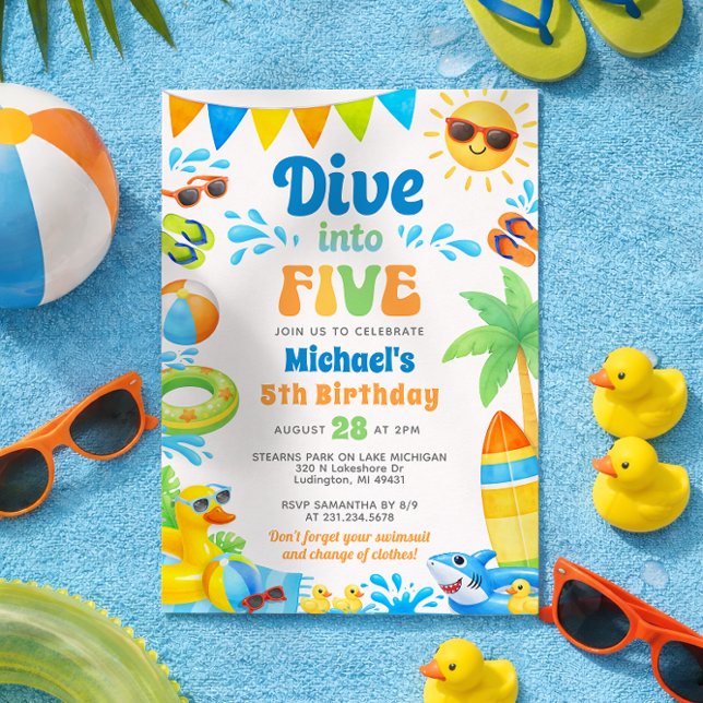 Convite Summer 5th Birthday Invitation - Dive into Five (Boy 5th Birthday Invitation - Summer Beach Pool Party - Dive into Five)