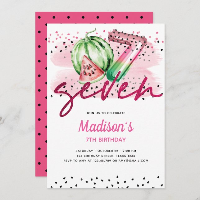 Convite Summer Balloon Letters Melon 7 Birthday (Frente/Verso)
