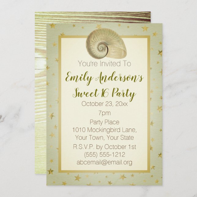 Convite Summer Beach Seashell Rustic Wood Sweet 16 (Frente/Verso)