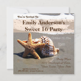 Convite Summer Beach Starfish Seashell Sweet 16 Aniversári