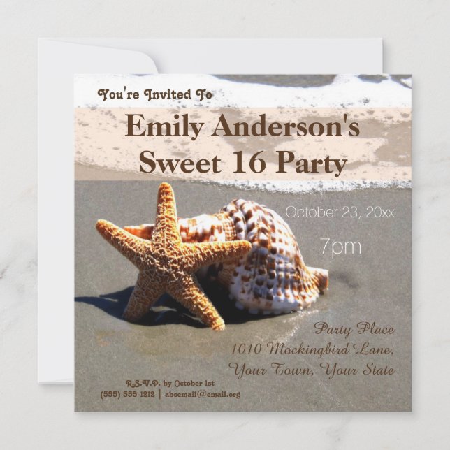 Convite Summer Beach Starfish Seashell Sweet 16 Aniversári (Frente)