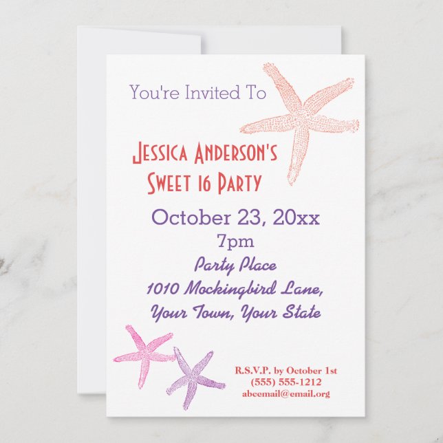 Convite Summer Beach Starfish Sweet 16 Aniversário (Frente)