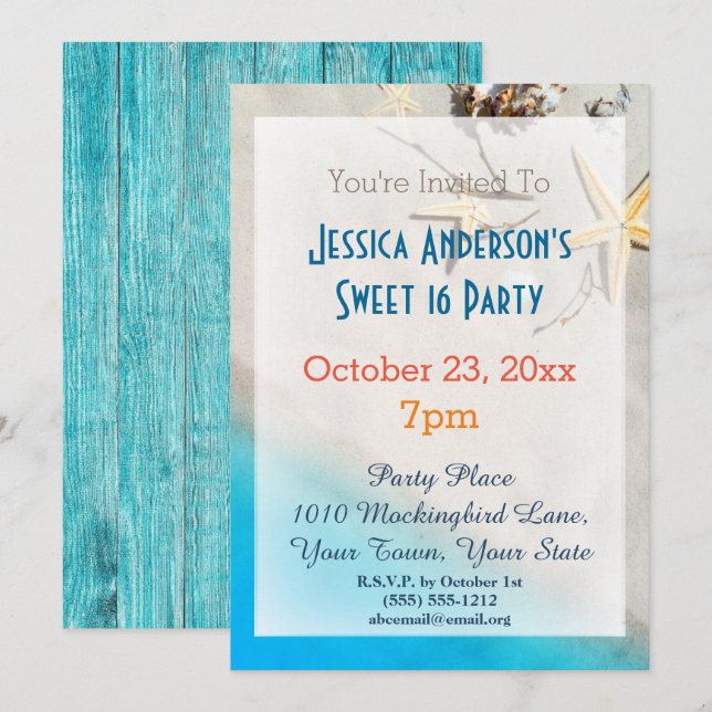 Convite Summer Beach Starfish Tropical Sweet 16 Aniversári (Frente/Verso)