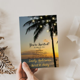 Convite Summer Beach String Light Sunset Sweet 16 Aniversá