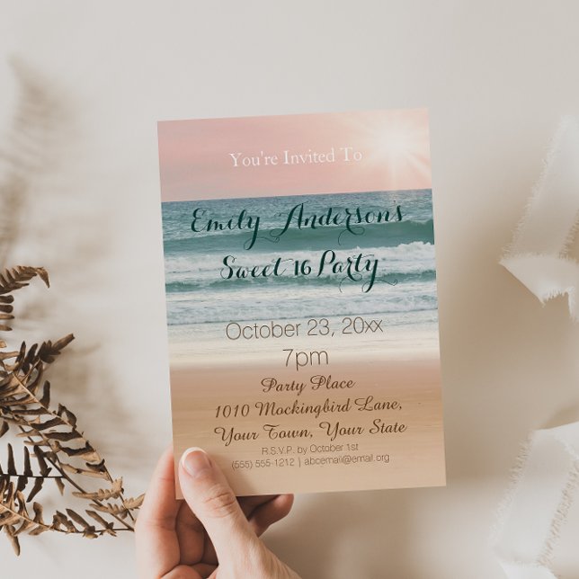 Convite Summer Beach Theme Pink Sunset Sweet 16 Aniversári (Criador carregado)