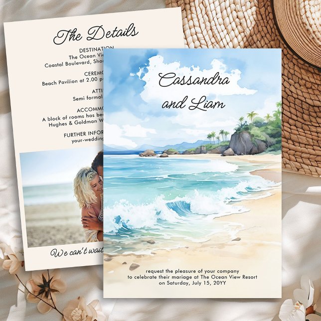 Convite Summer Beach Watercolor Foto de Casamento e Detalh (Photo Wedding Invitation and Details from the Summer Beach Wedding Collection by Darling & May)