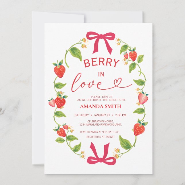 Convite Summer Berry In Love Red Bow Bridal Shower (Frente)
