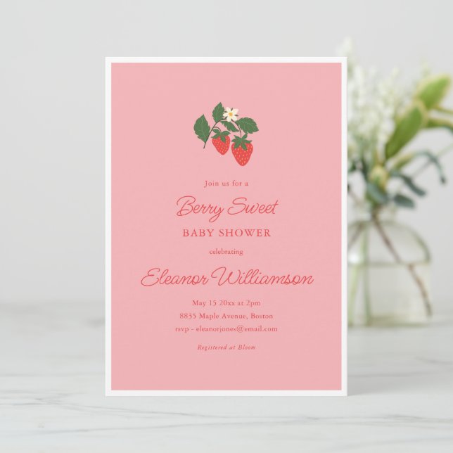 Convite Summer Berry Sweet Strawberry Pink Baby Shower (Em pé/Frente)