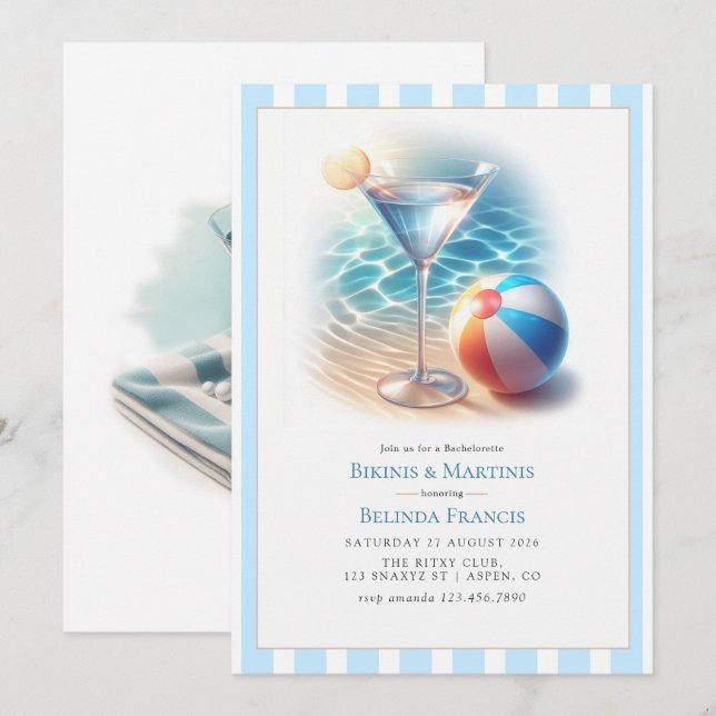 Convite Summer Bikinis & Martinis Bachelorette Party (Frente/Verso)