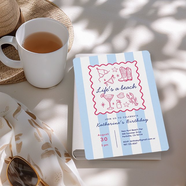 Convite Summer Blue Stripes Beach Life Birthday Party  (Criador carregado)