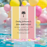 Convite Summer Cabana Stripes aniversário de 30 anos<br><div class="desc">Um padrão brilhante e colorido de listras de cabana em cores de verão de amarelo e rosa faz este pop de convite aniversário de 30 anos com estilo costeiro. É uma escolha excelente para festas na praia, pela piscina, ou com um tema de verão. Um esboço de palmeira solteiro no...</div>