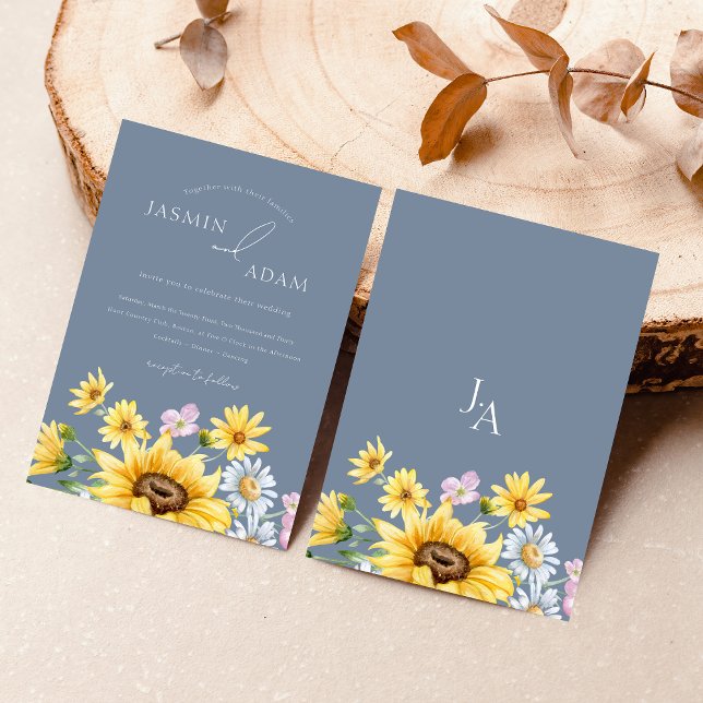 Convite Summer Dusty Blue Sunflower Casamento Monograma (Summer Dusty Blue Sunflowers Monogram Wedding Invitation)