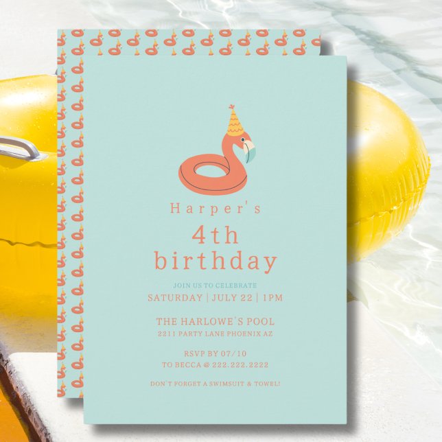 Convite summer flamingo modern kids birthday pool party (flamingo kids birthday pool party modern aesthetic invitations )