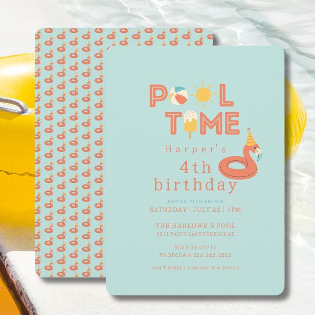Convite summer flamingo popsicle kids birthday pool party (pool time flamingo beach ball sun popsicle  birthday party invitation )