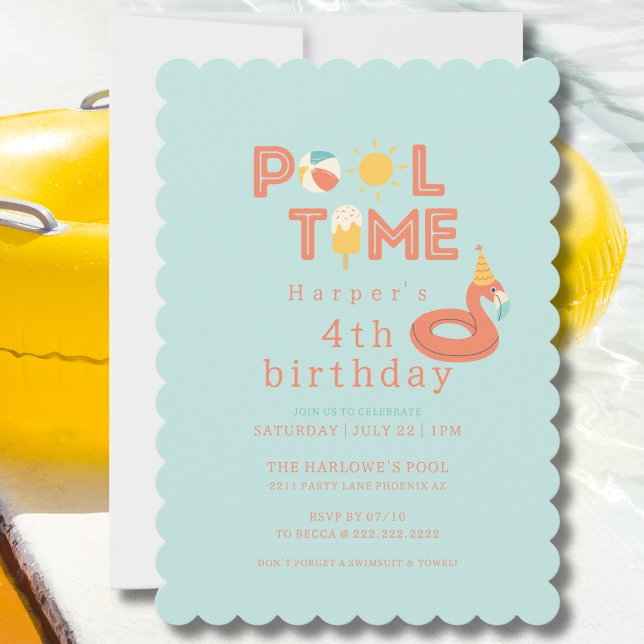 Convite summer flamingo popsicle kids birthday pool party (pool time flamingo beach ball popsicle sun birthday pool party invitation)