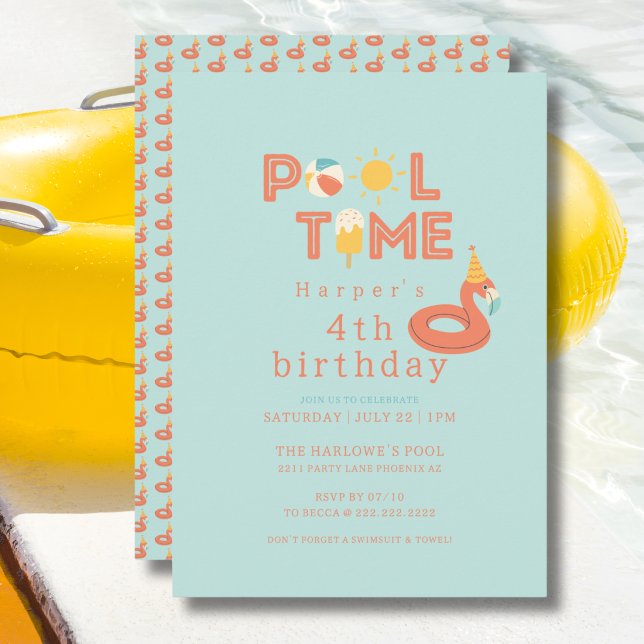 Convite summer flamingo popsicle kids birthday pool party (pool time flamingo beach ball sun popsicle personalized birthday pool party invitation )