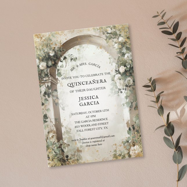 Convite Summer Floral Arch Enchanted Garden Quinceañera  (elegant white roses arch with golden accents sweet 16 birthday invitation)