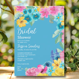 Convite Summer floral Bridal Shower with Photo Blue