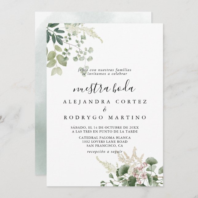 Convite Summer Floral Green Foliage Nuestra Boda Wedding (Frente/Verso)