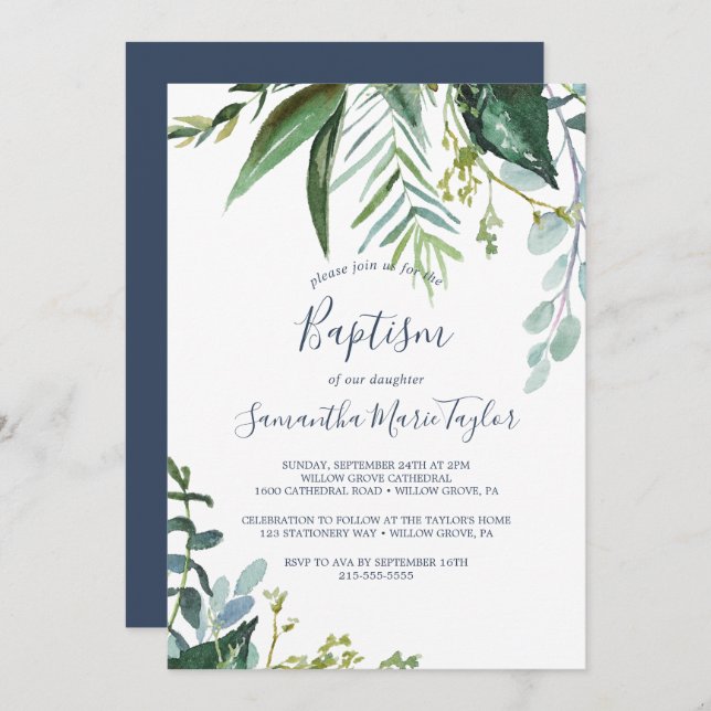 Convite Summer Greenery Baptism (Frente/Verso)