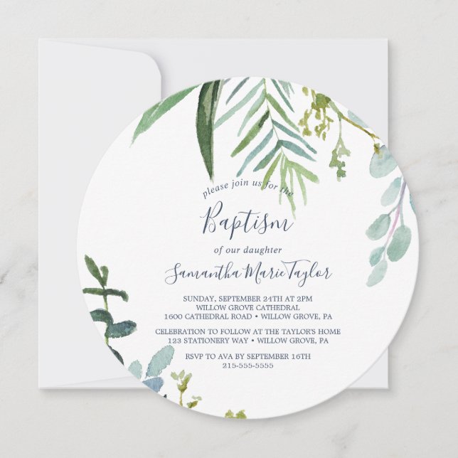 Convite Summer Greenery Round Baptism (Frente)