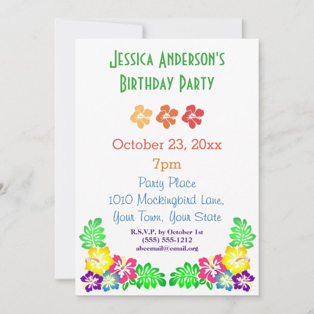 Convite Summer Luau Hibiscus Hawaiian Tropical Birthday (Frente)