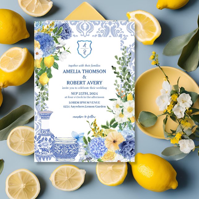 Convite Summer Mediterranean Blue azulejos Lemon Weding (Criador carregado)
