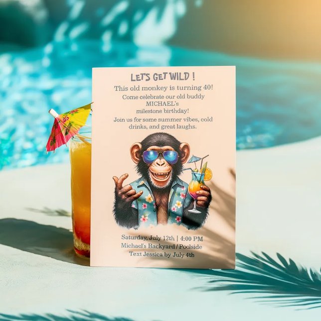 Convite Summer Monkey Let's Get Wild 40th Birthday  (Summer Monkey Let's Get Wild 40th Birthday Invitation)