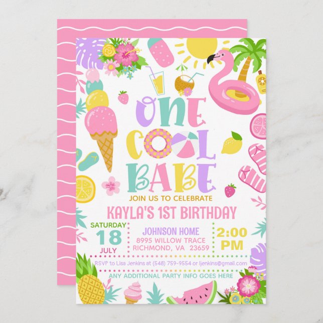 Convite Summer One Cool Babe Birthday Party Invitation (Frente/Verso)