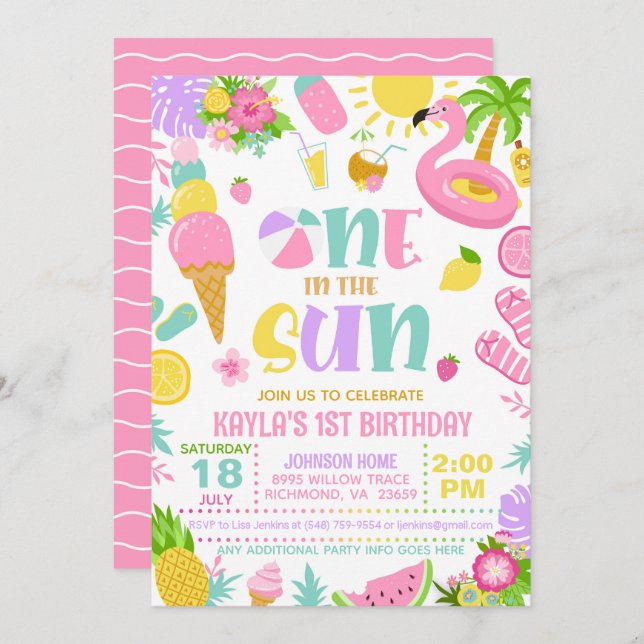 Convite Summer One in the Sun Birthday Party Invitation (Frente/Verso)