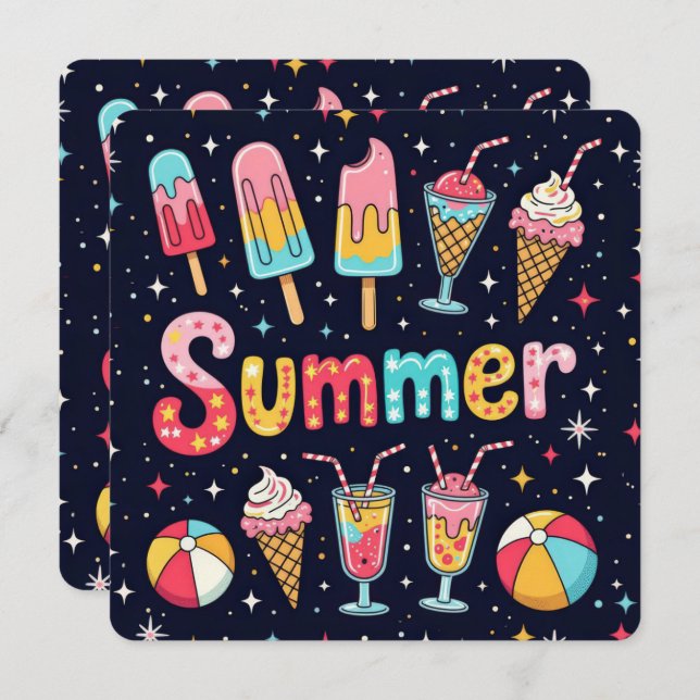 Convite Summer Party Fun Graphics On Black (Frente/Verso)