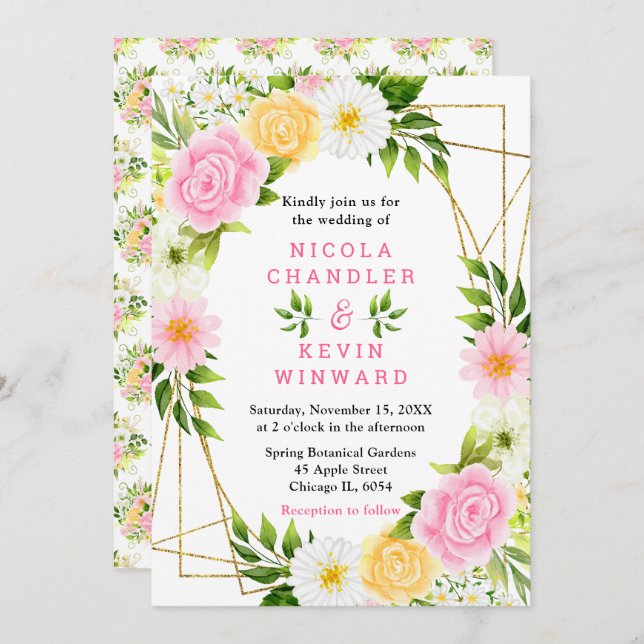 Convite Summer Pink and Yellow Flowers and Foliage Wedding (Frente/Verso)